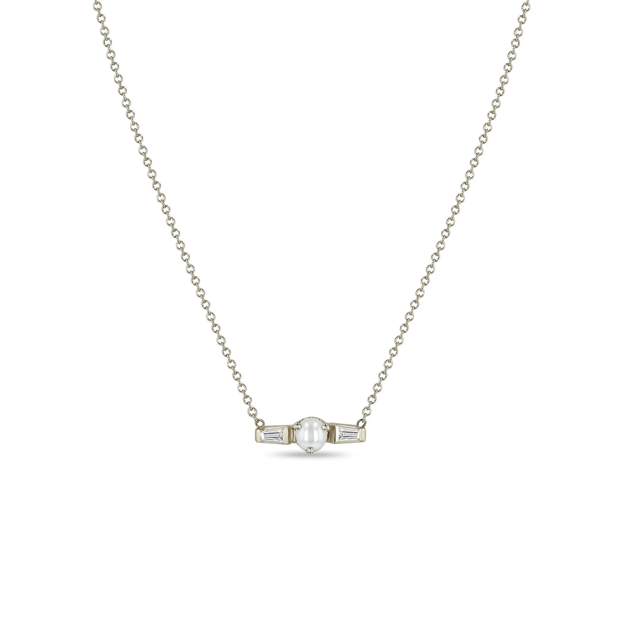 14k Pearl & Tapered Baguette Diamonds Necklace