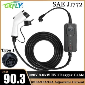 220V Portable EV Charger SAE J1772 Type 1 EVSE 8A 10A 13A 16A Adjustable Current Electric Car Vehicle Charging Station IP65