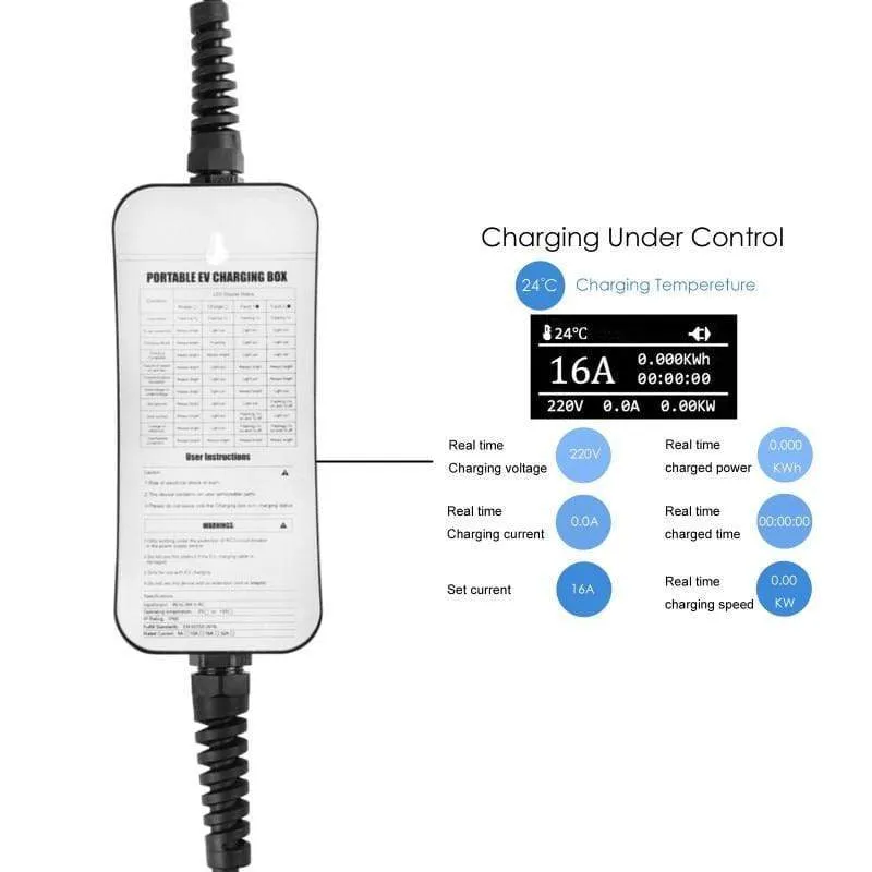 220V Portable EV Charger SAE J1772 Type 1 EVSE 8A 10A 13A 16A Adjustable Current Electric Car Vehicle Charging Station IP65