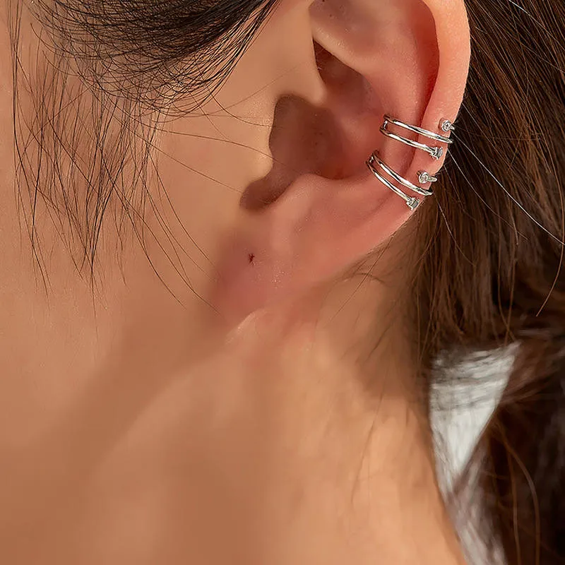 3 Lines Ear Cuff with Star and CZ - Silver