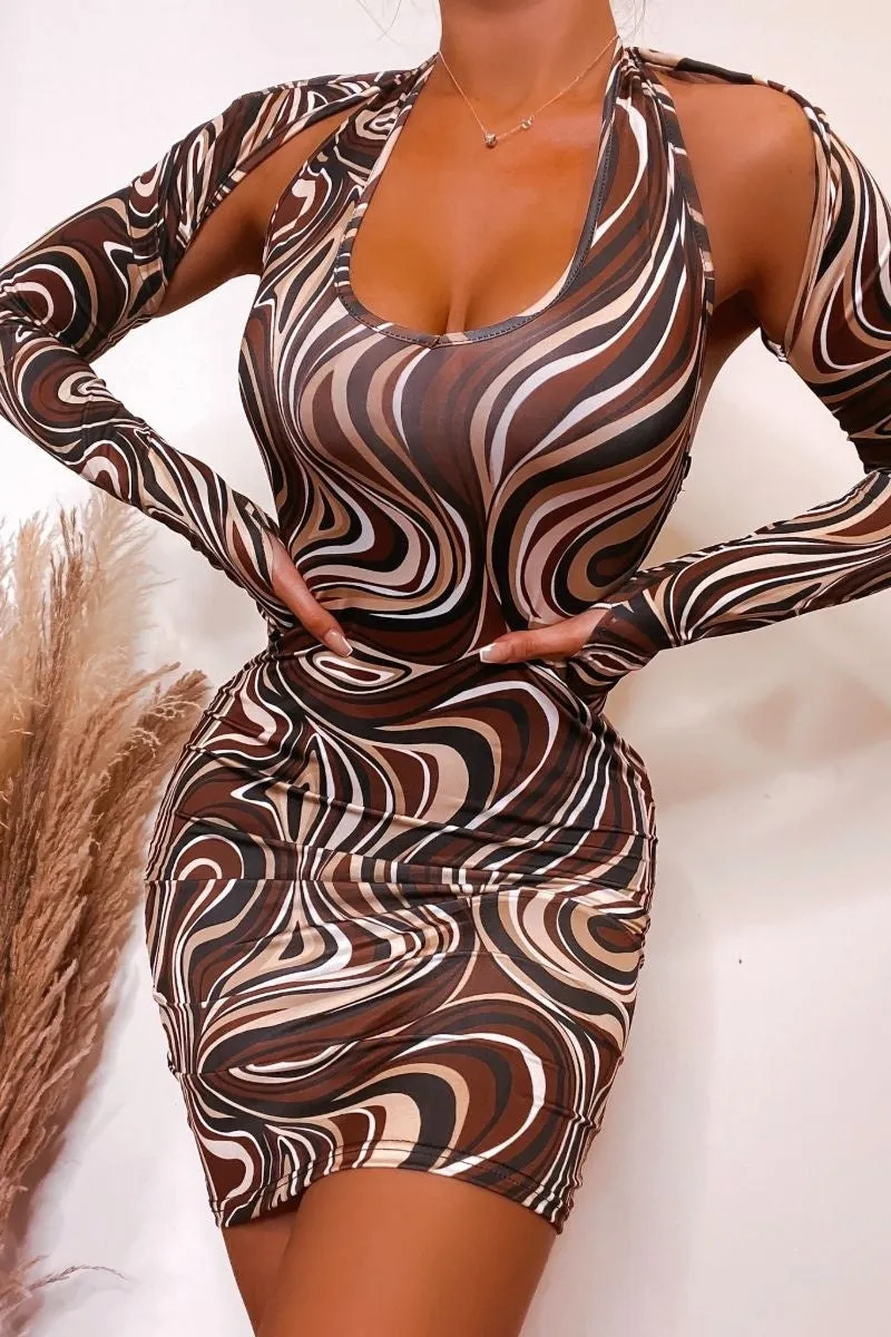 Beige Brown Marble Long Sleeve Cut Out Detail Bodycon Dress