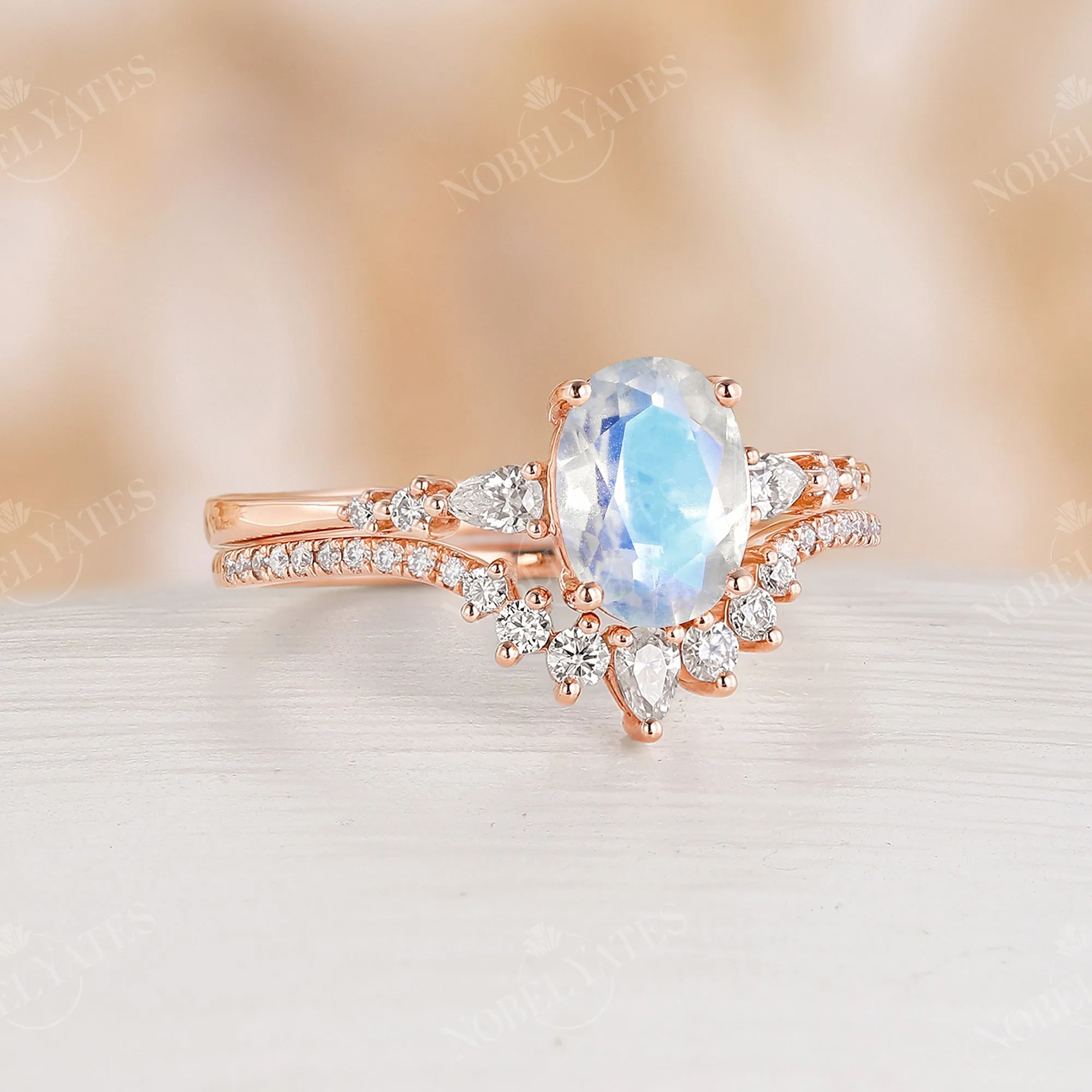 Blue Moonstone Rose Gold Engagement Ring Set Matching Band