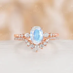 Blue Moonstone Rose Gold Engagement Ring Set Matching Band