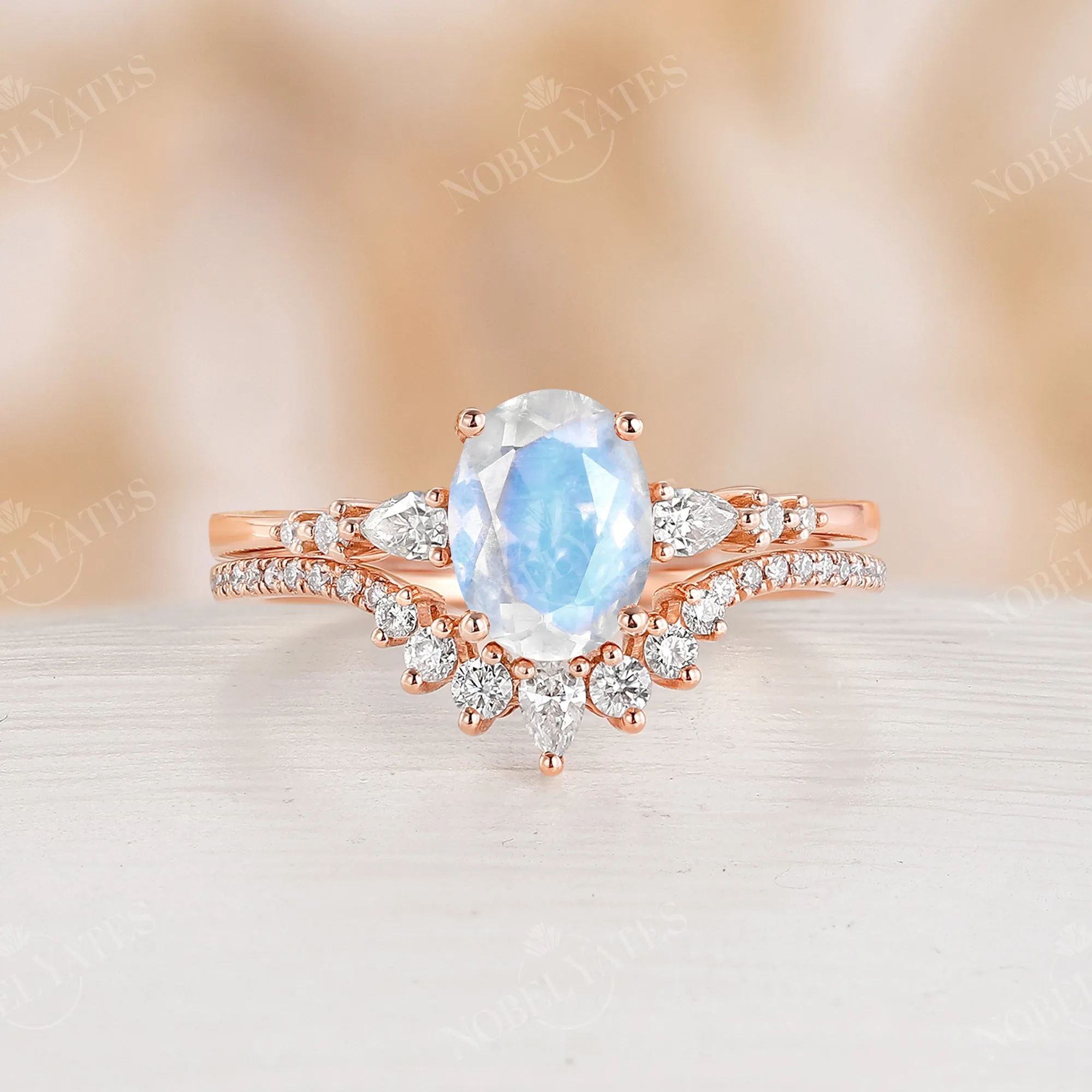 Blue Moonstone Rose Gold Engagement Ring Set Matching Band