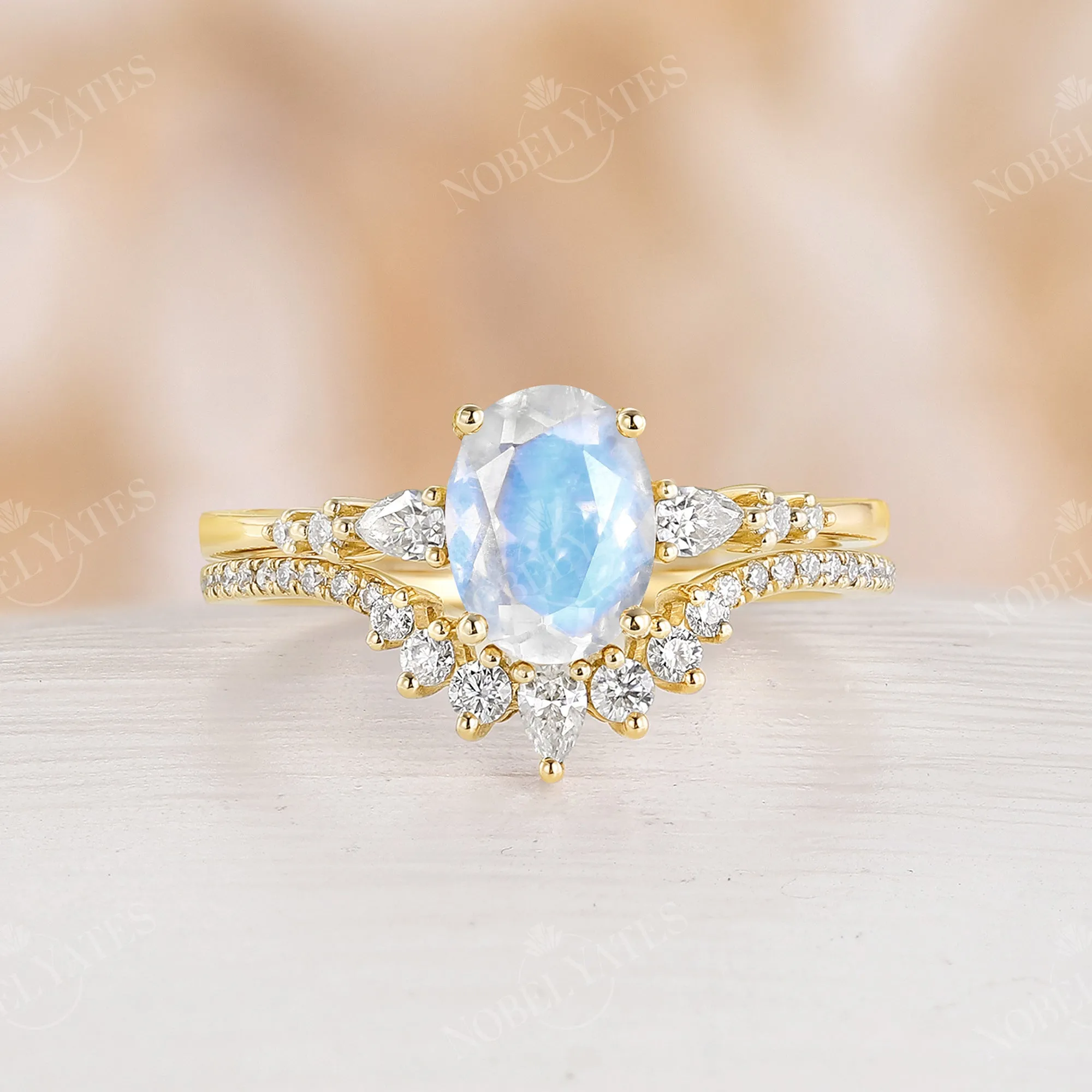 Blue Moonstone Rose Gold Engagement Ring Set Matching Band