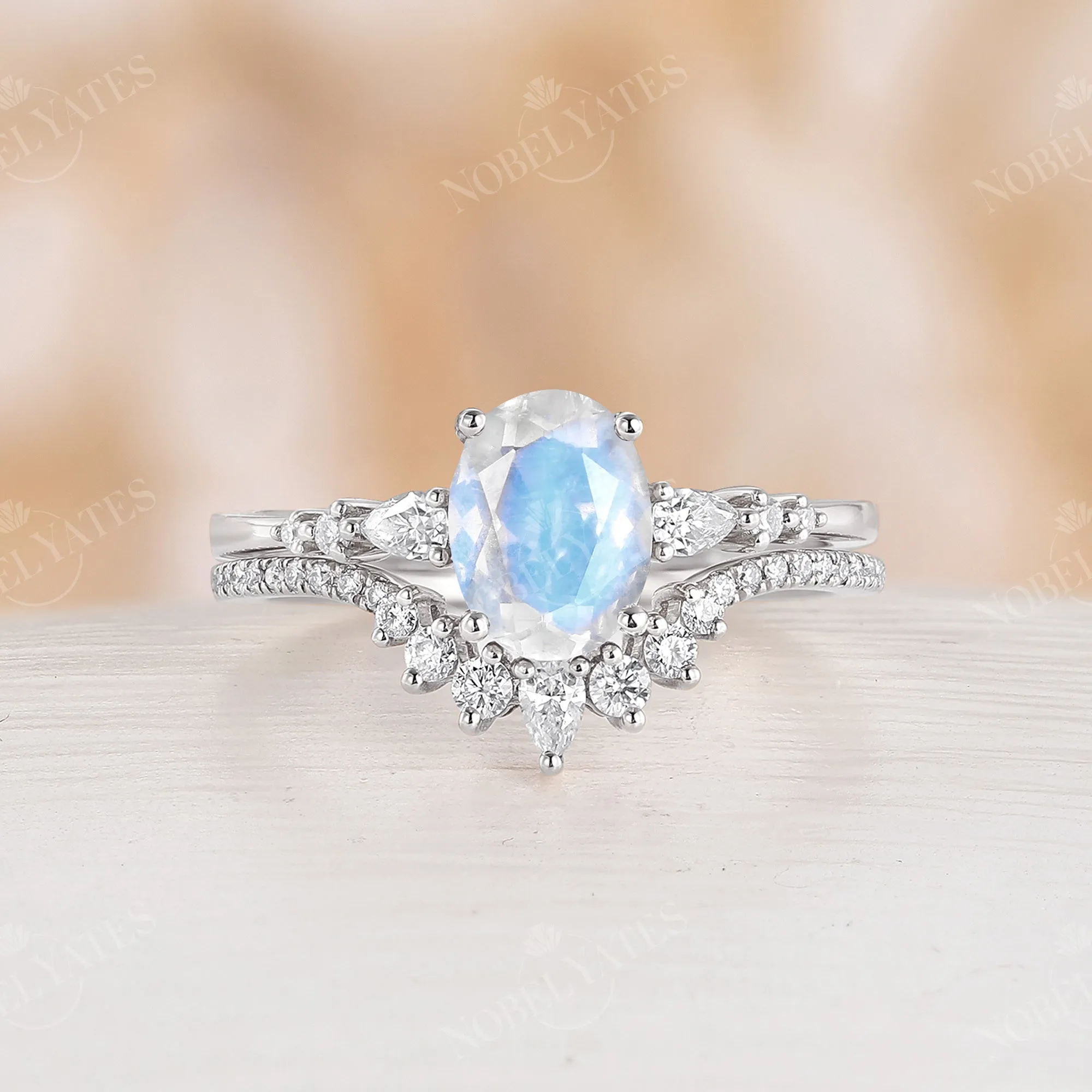 Blue Moonstone Rose Gold Engagement Ring Set Matching Band