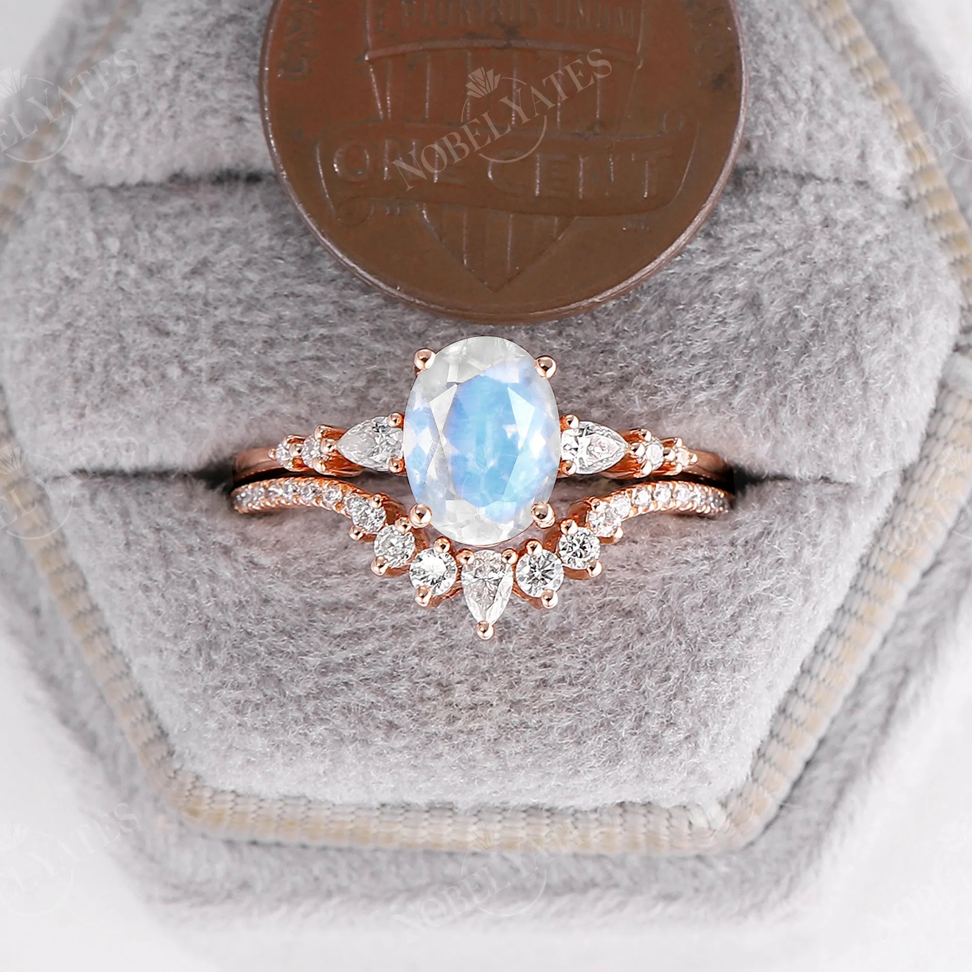 Blue Moonstone Rose Gold Engagement Ring Set Matching Band