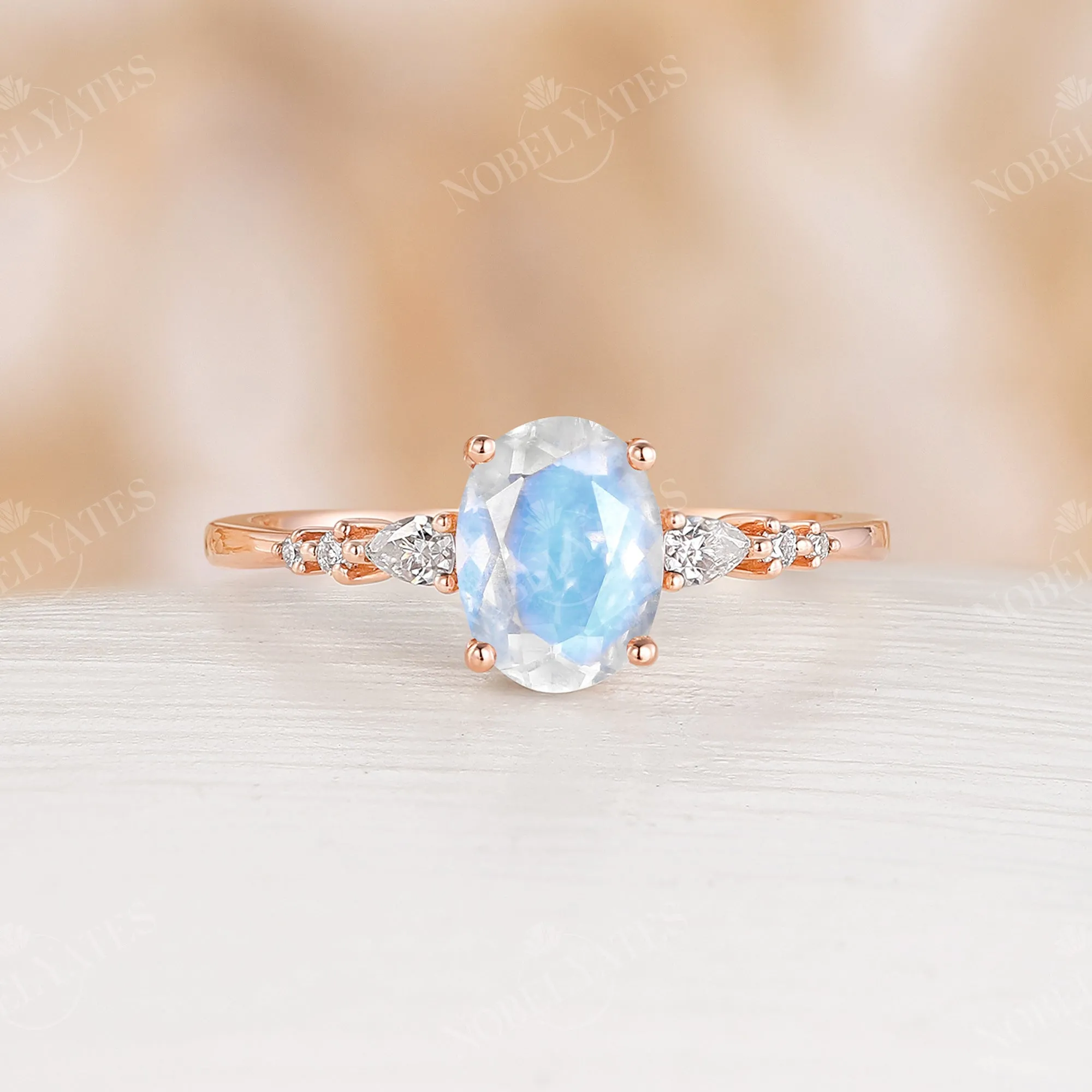 Blue Moonstone Rose Gold Engagement Ring Set Matching Band