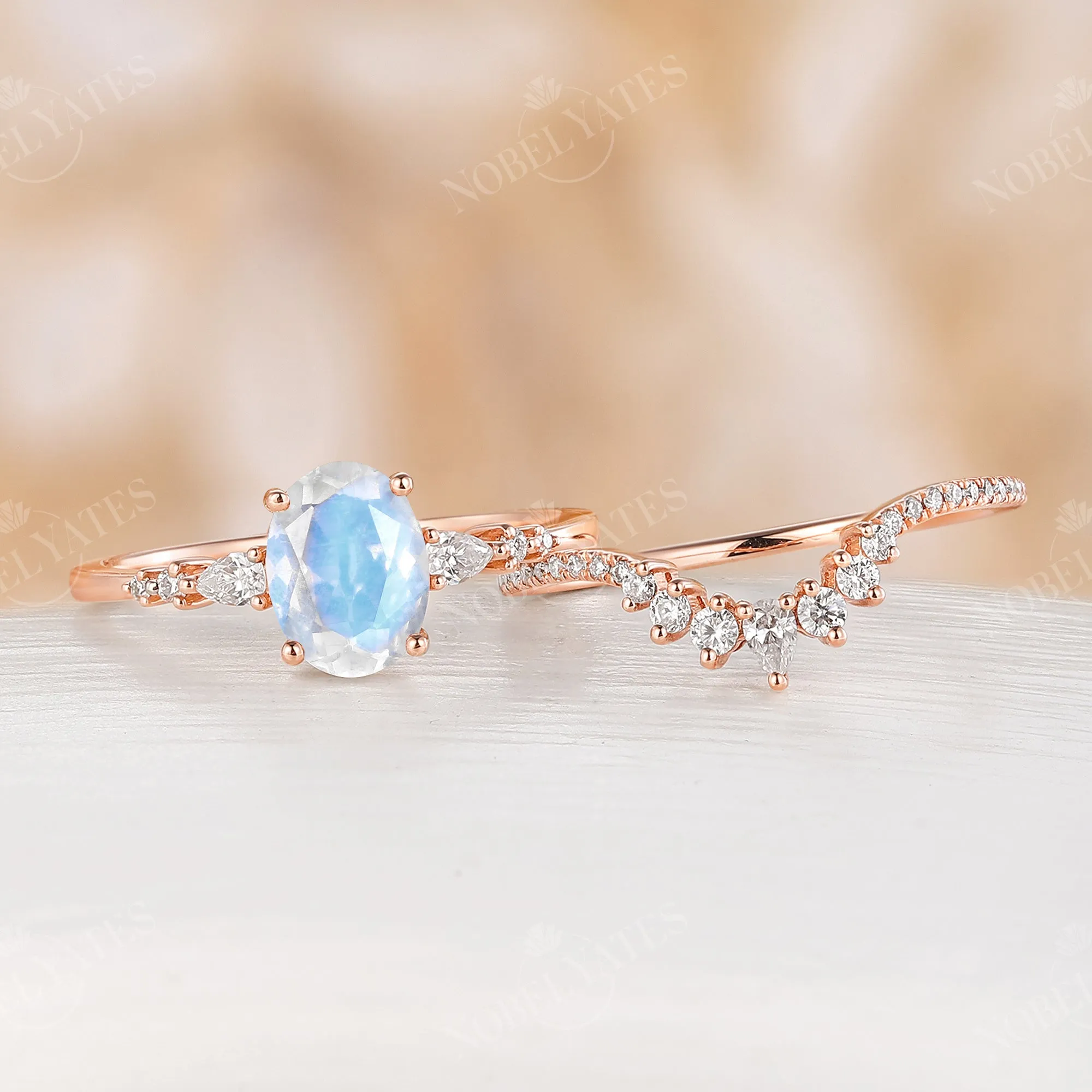 Blue Moonstone Rose Gold Engagement Ring Set Matching Band