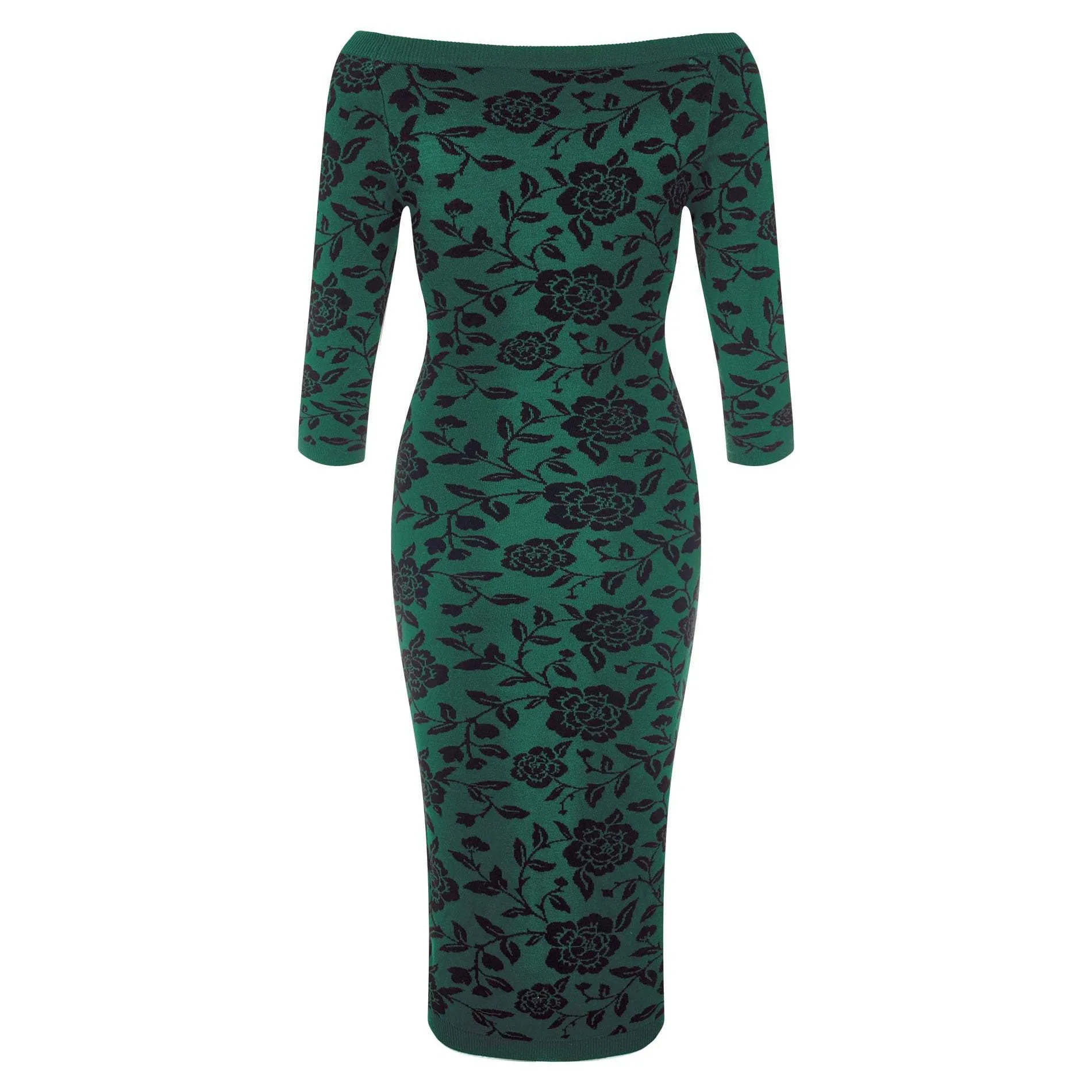 Collectif Green 3/4 Sleeve Brocade Knitted Pencil Wiggle Dress