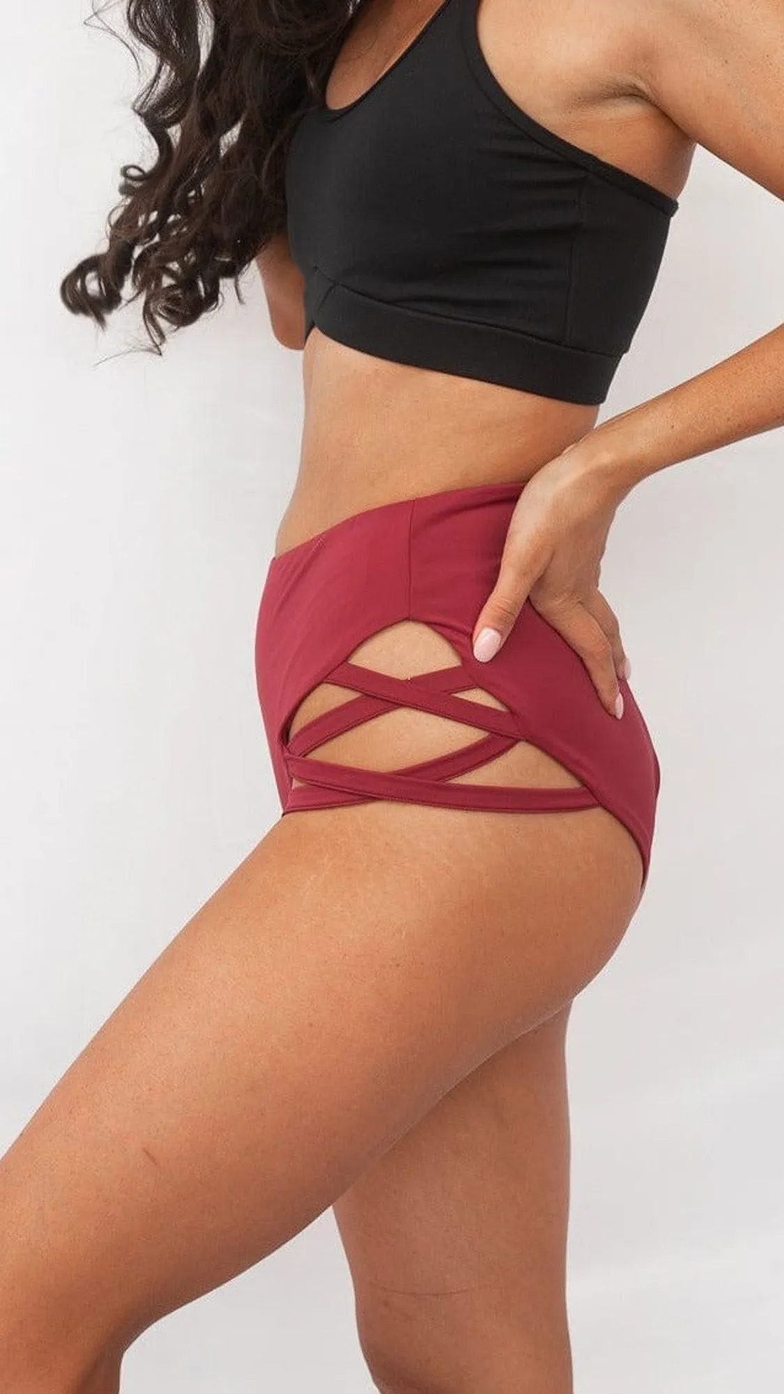 Cross Section Shorts - Cut Out High Waist Shorts Wine