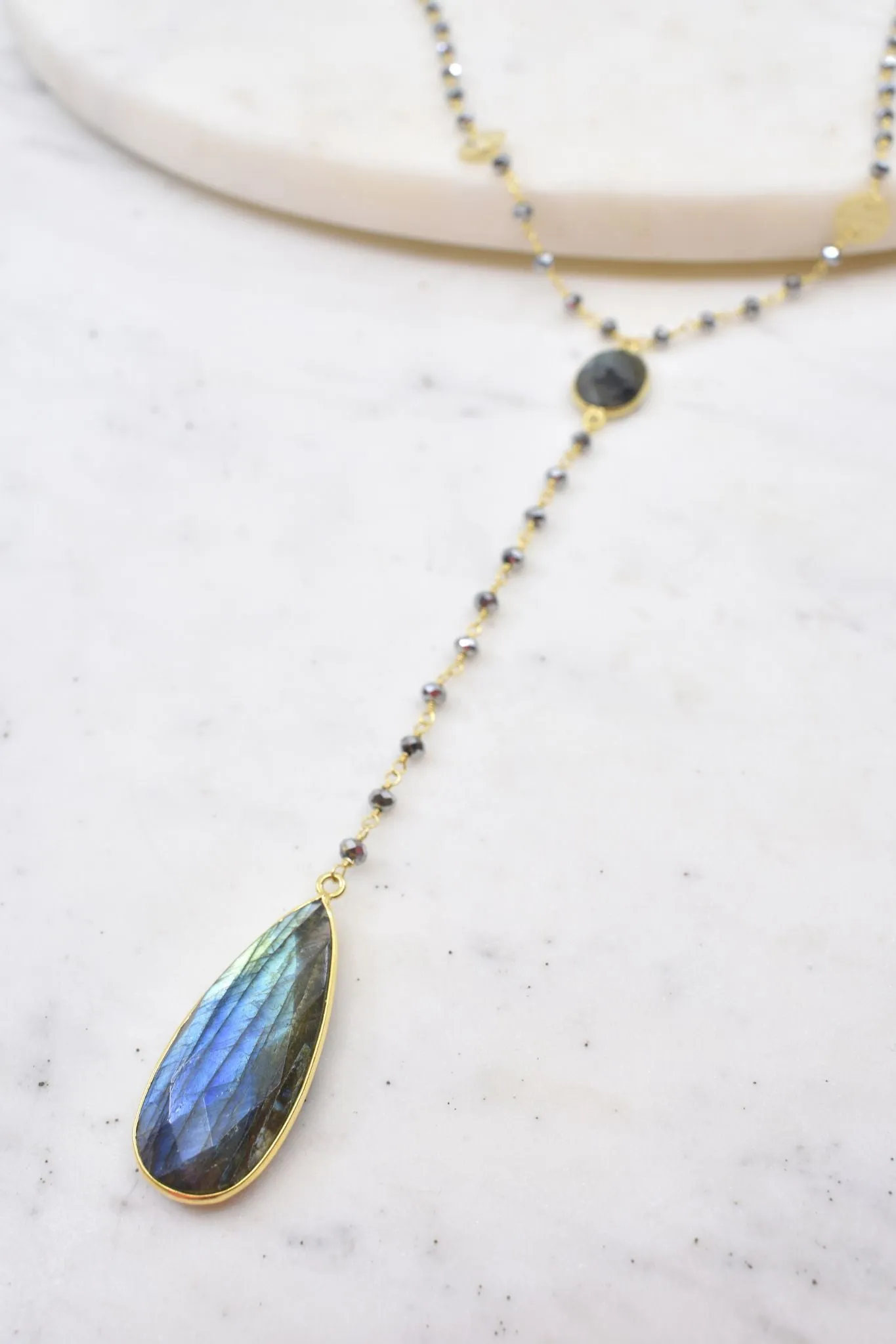 Diana Montecito Necklace in Polished Pyrite with Labradorite Drop