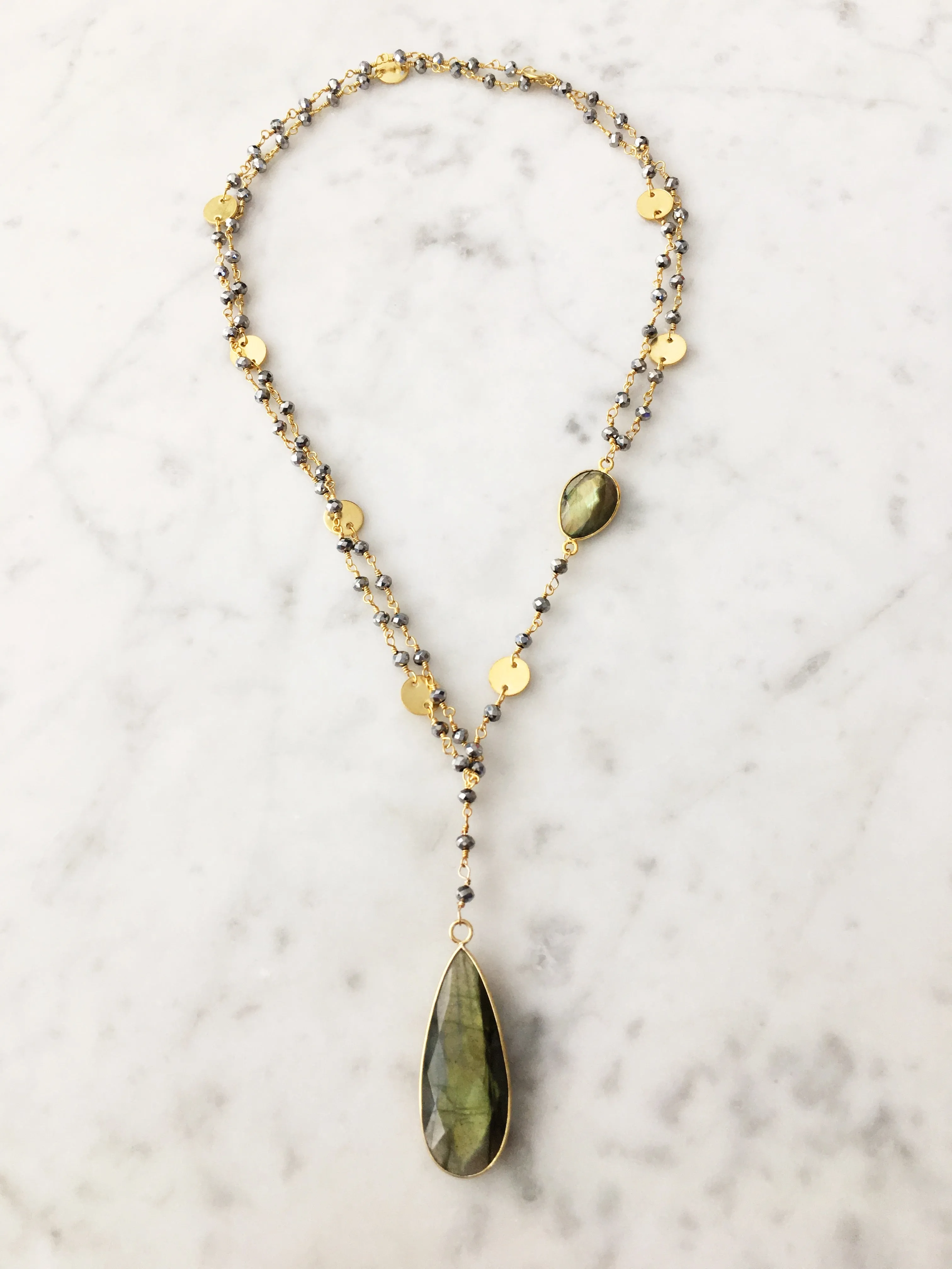 Diana Montecito Necklace in Polished Pyrite with Labradorite Drop