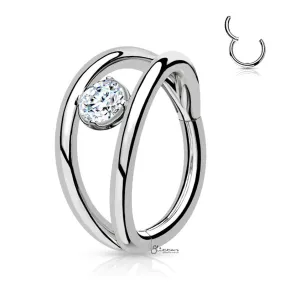 Double Lines and CZ Hinged Segment Hoop Ring - Silver