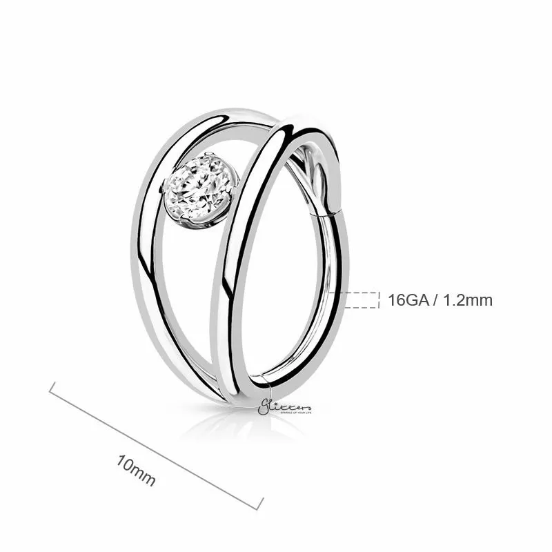 Double Lines and CZ Hinged Segment Hoop Ring - Silver