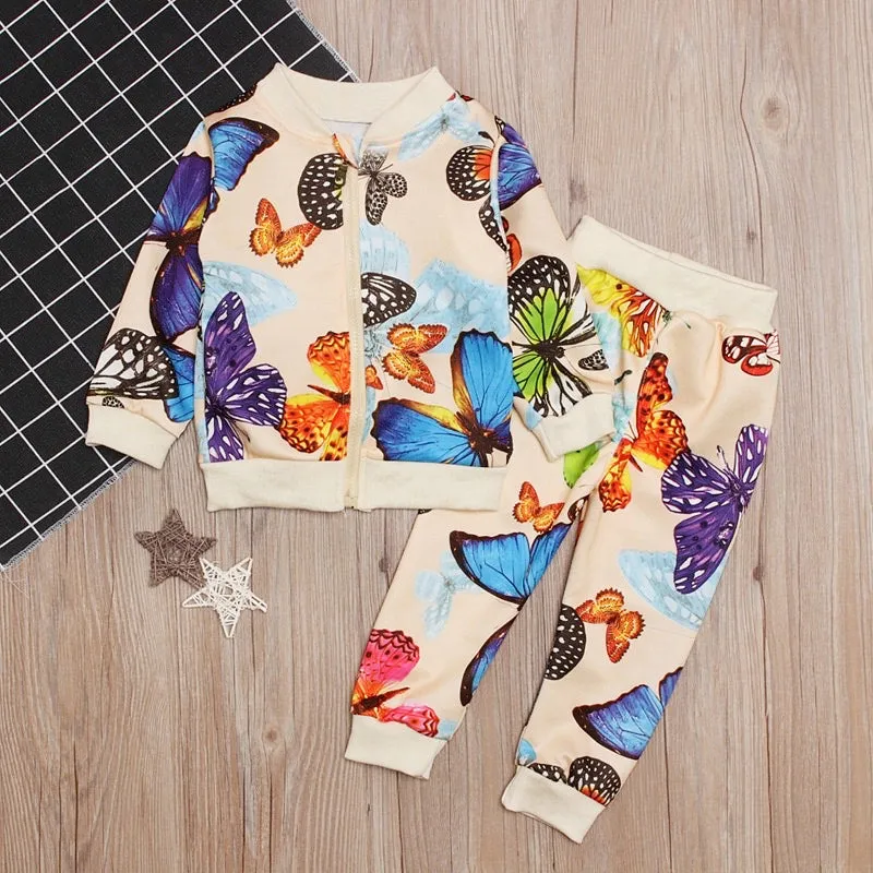 Girls Butterfly Zipped Top And Pants 2 Pcs Set