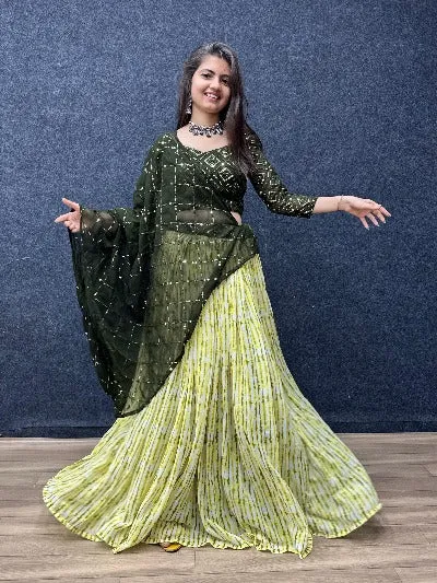 Green & Lime Green Georgette Heavy Work Readymade Lehenga Set