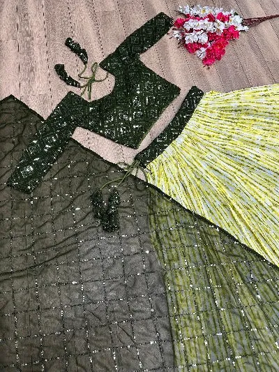 Green & Lime Green Georgette Heavy Work Readymade Lehenga Set