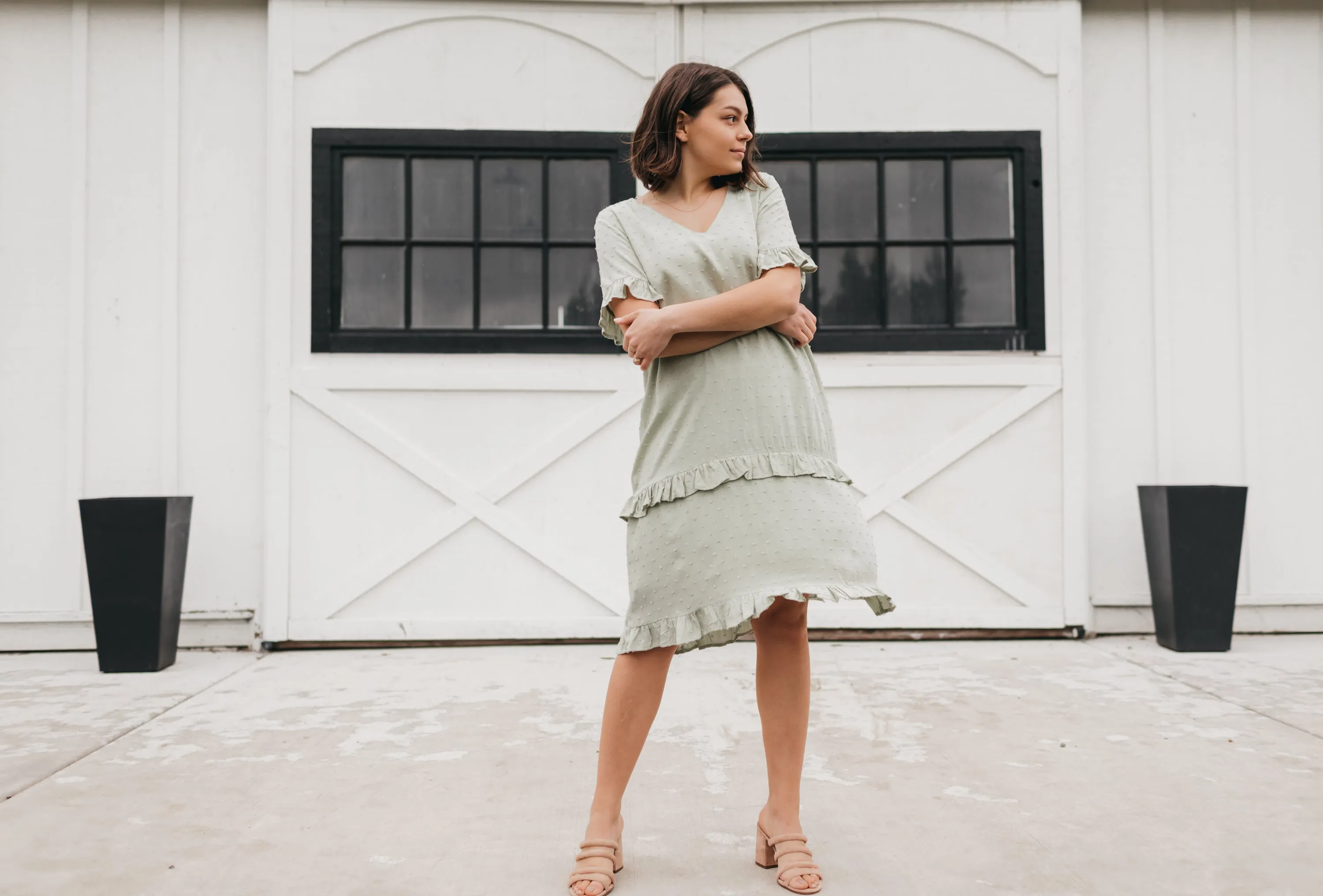 Kaylee Swiss Dot Flare Dress in Sage