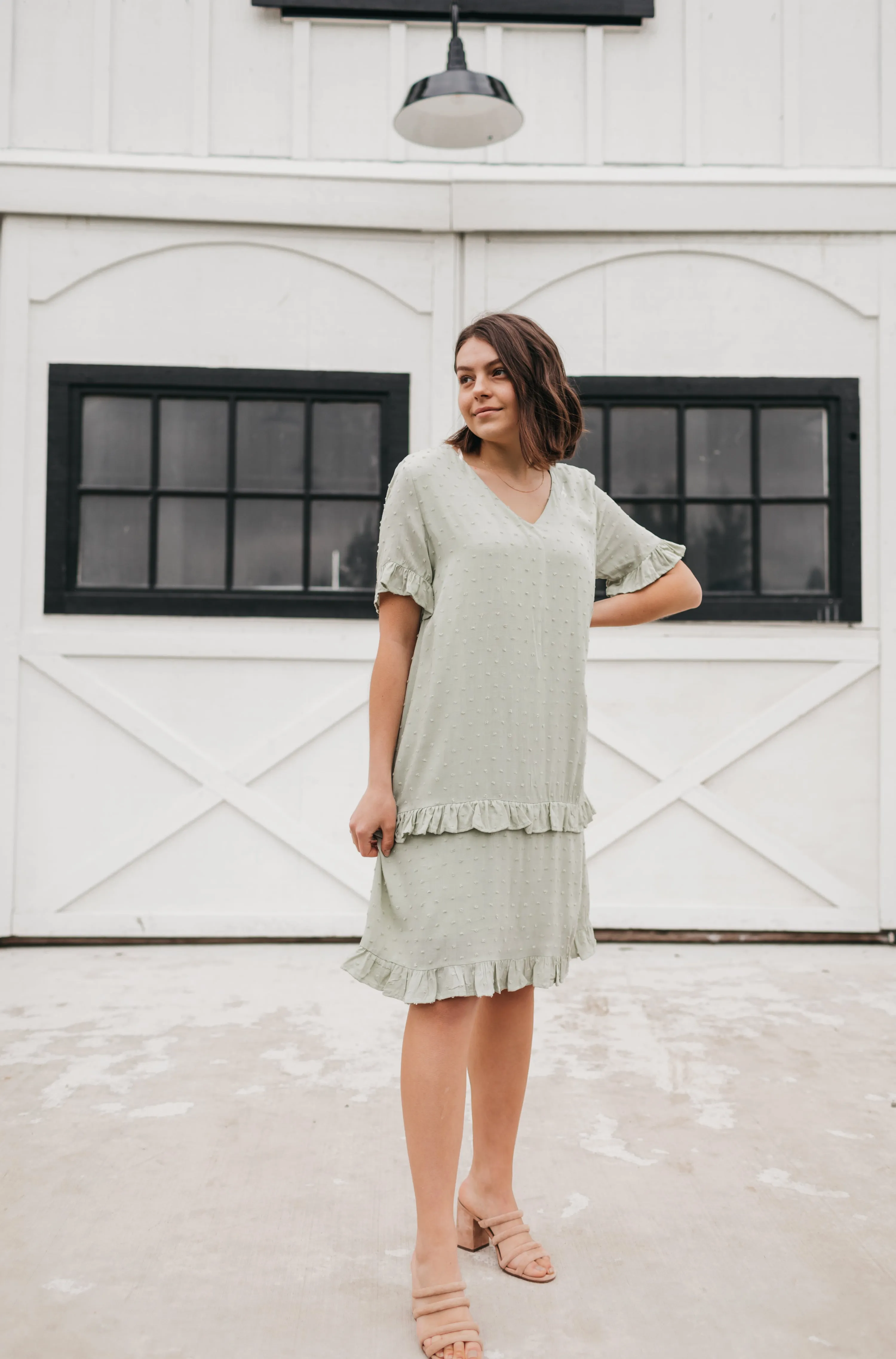 Kaylee Swiss Dot Flare Dress in Sage