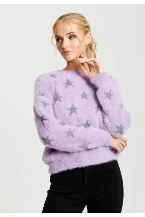 Liquorish Fluffy Grey Star Pattern Jumper