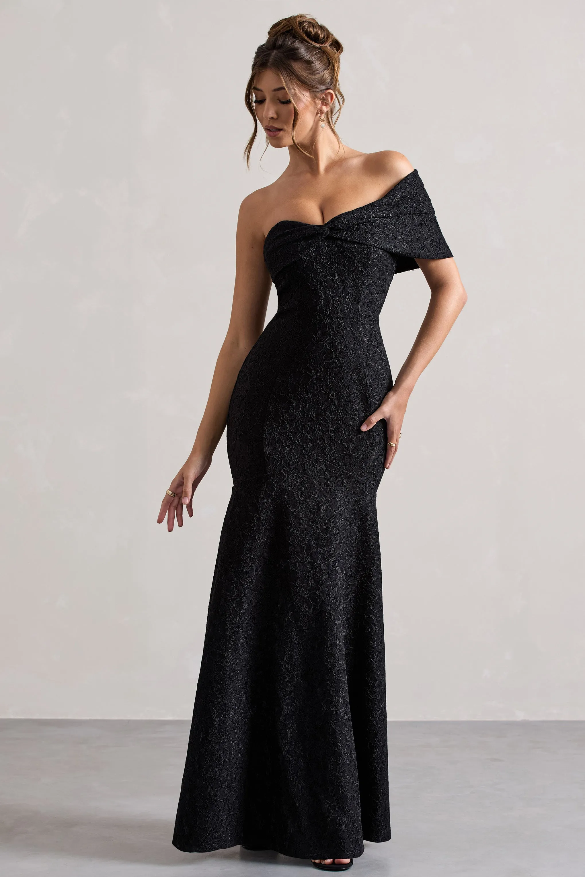 Masquerade | Black Lace Twisted Bardot Maxi Dress