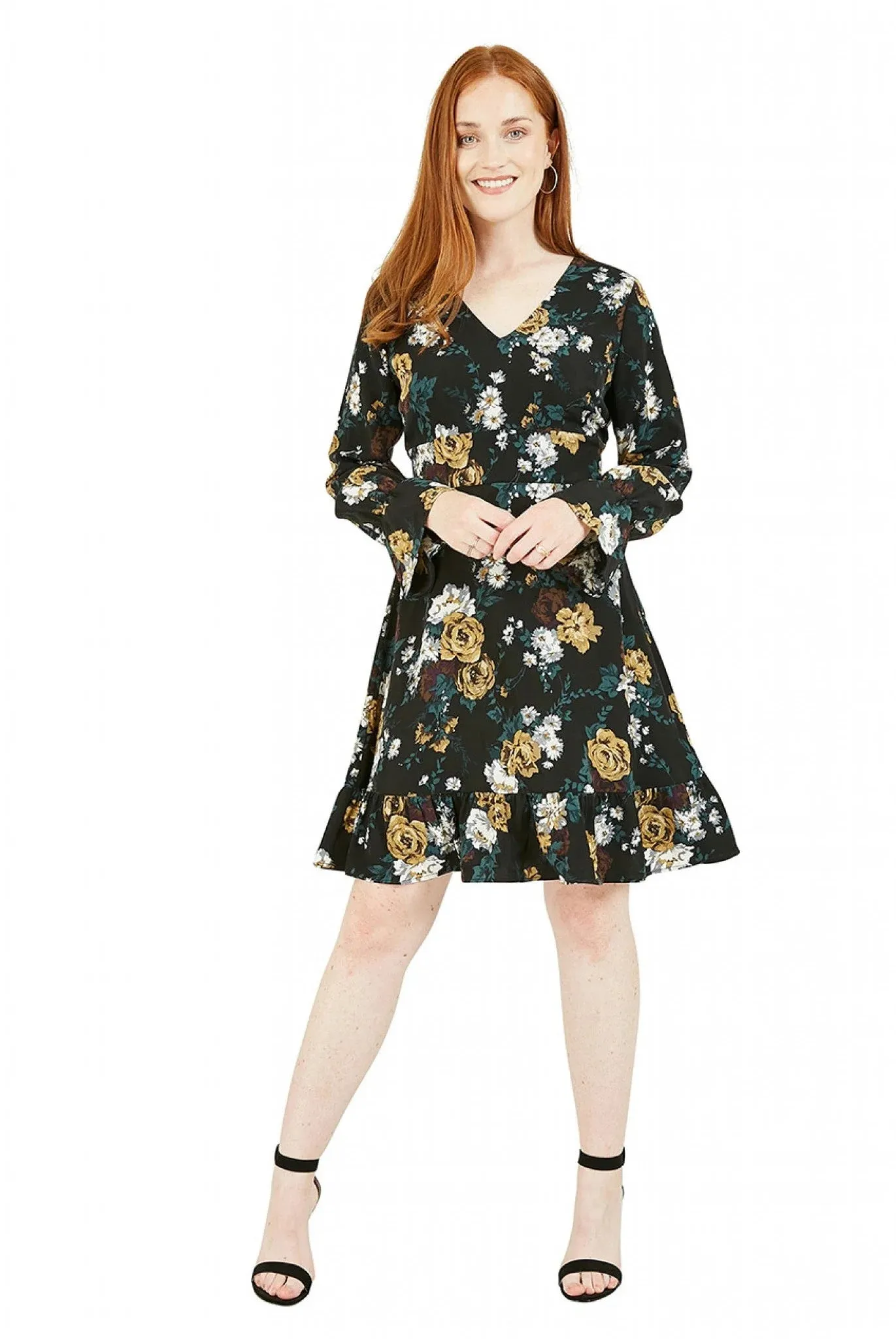 Mela London Black Rose Skater Dress With Frill Hem