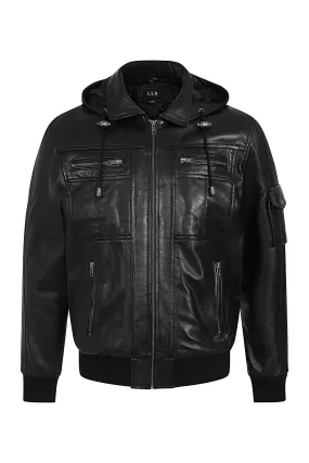 Men's Leather Bomber Style Jacket with a Detachable Hood - DANNY 638