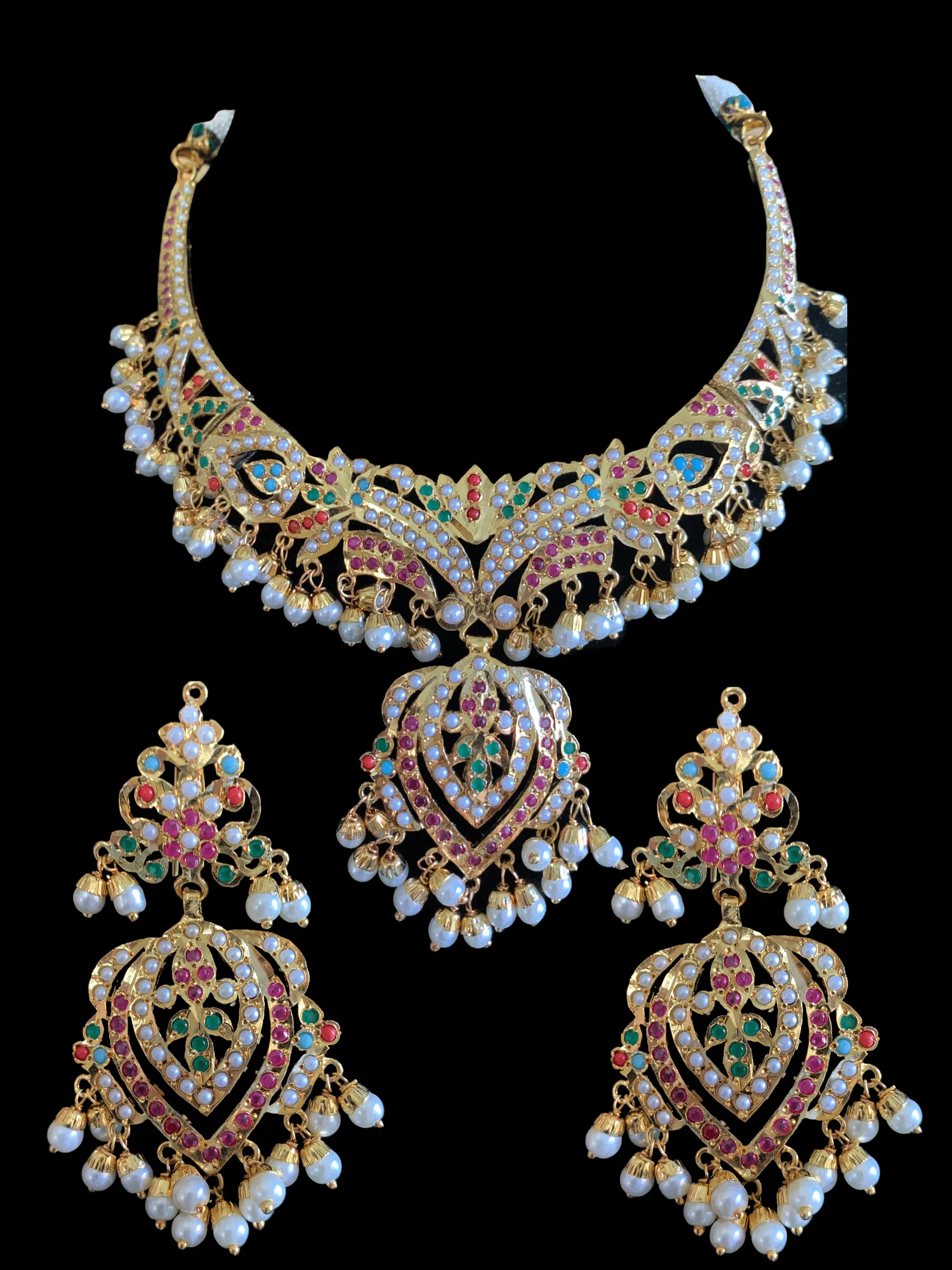 NS286  Taseen necklace set in navratan ( READY TO SHIP )