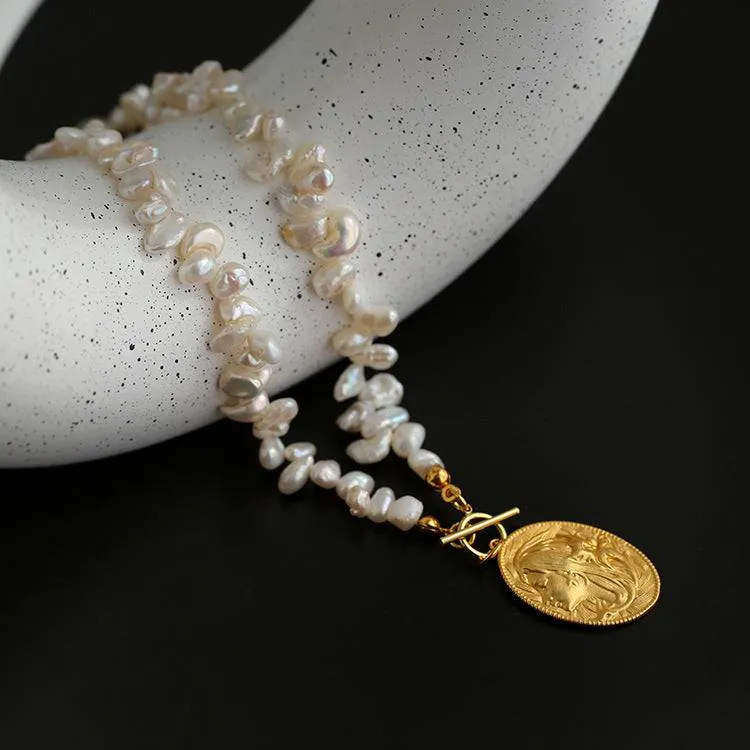 Oval Goddess Gold Coin Pearl Necklace and Earrings (Purchase Individually)