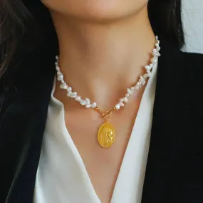 Oval Goddess Gold Coin Pearl Necklace and Earrings (Purchase Individually)