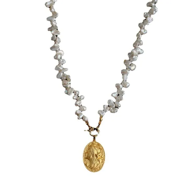 Oval Goddess Gold Coin Pearl Necklace and Earrings (Purchase Individually)