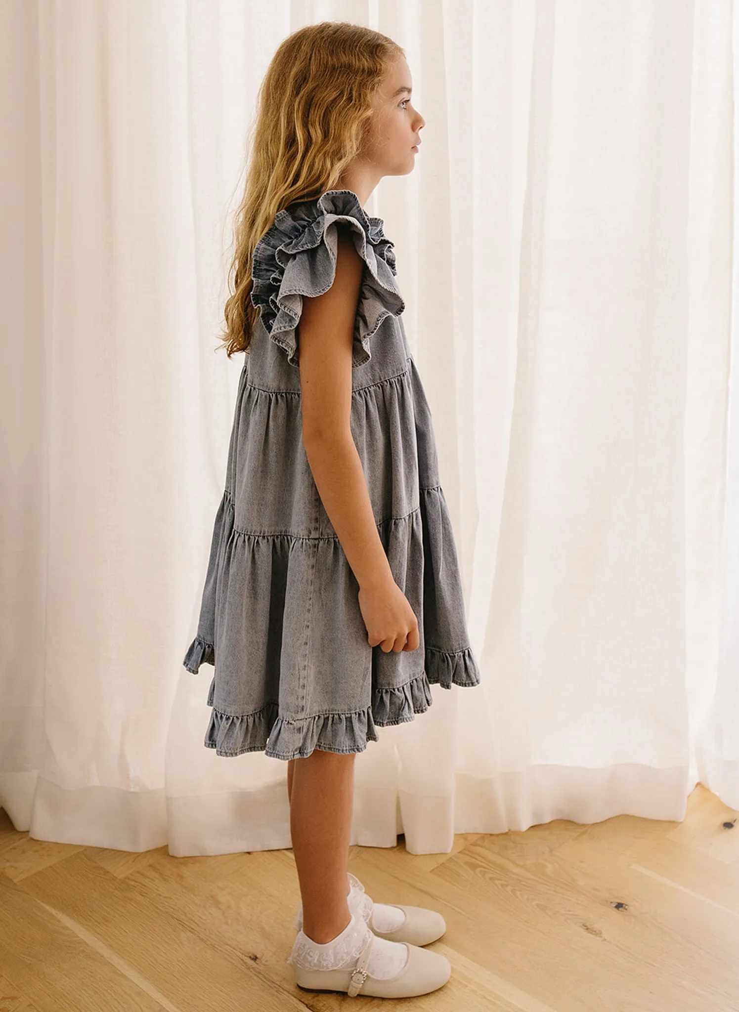 Petite Amalie Chambray Ruffle Shoulder Dress