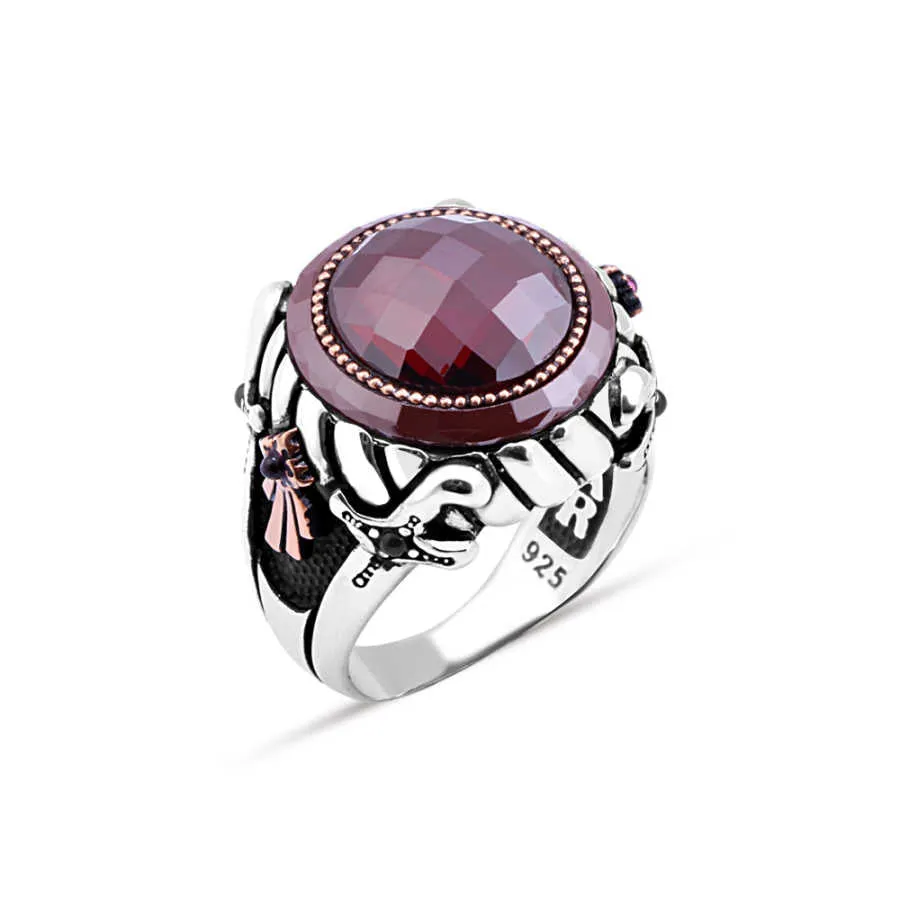 Red Agate Rim Around Circle Facet Cut Red Zircon Stone Silver Men's Ring Siding Double Sword and Ribbon