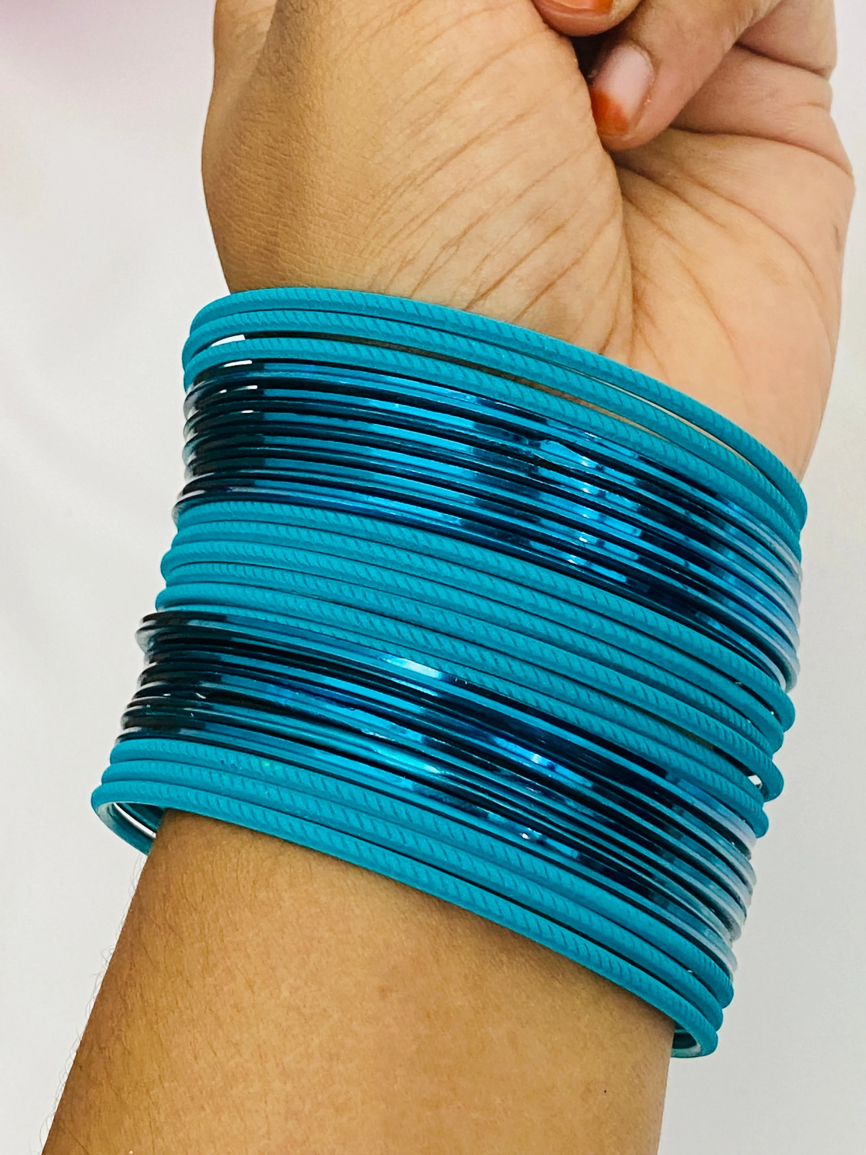 Royal Teal Blue Color Traditional Plain Metal Bangle Set