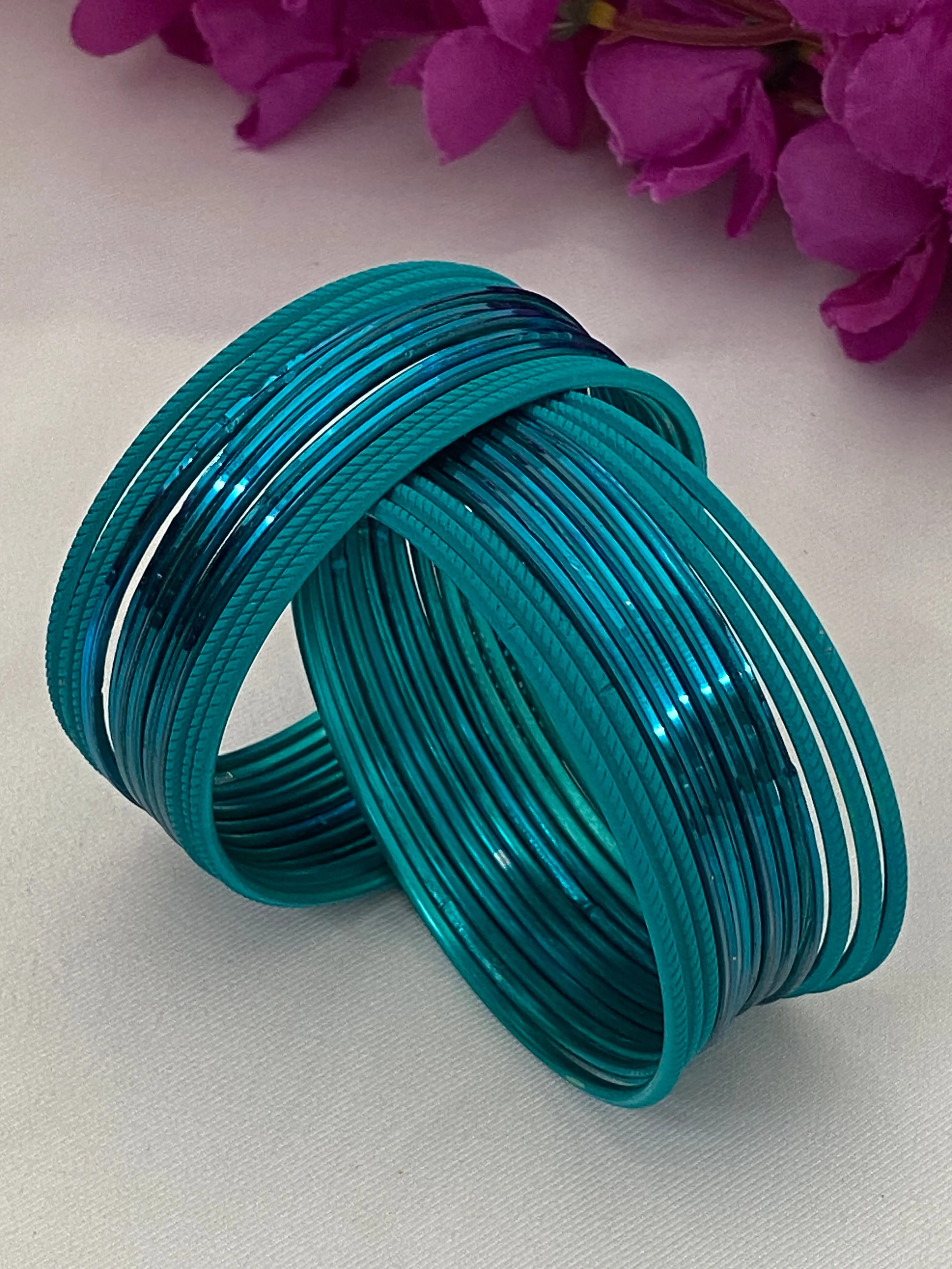 Royal Teal Blue Color Traditional Plain Metal Bangle Set