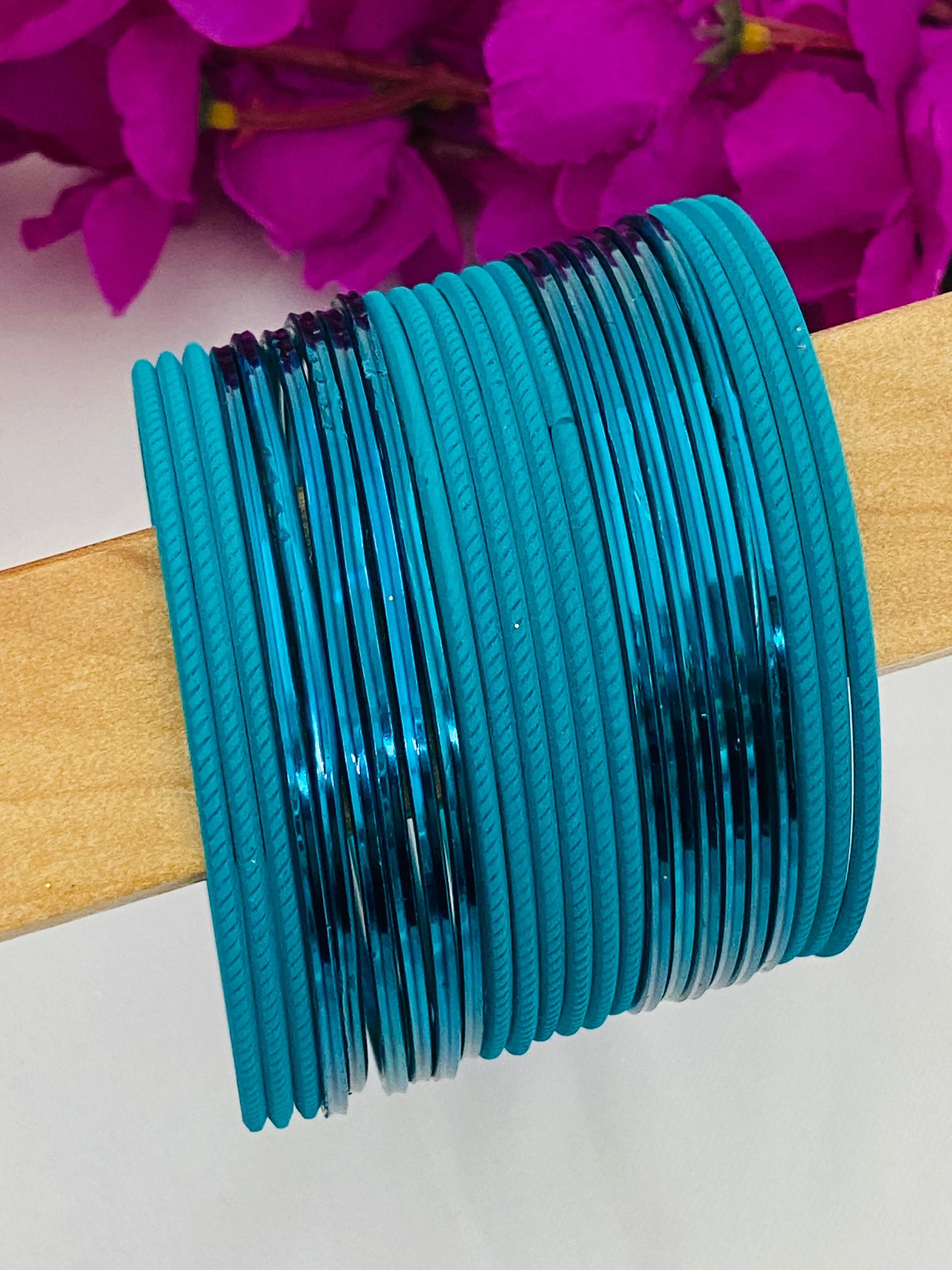 Royal Teal Blue Color Traditional Plain Metal Bangle Set