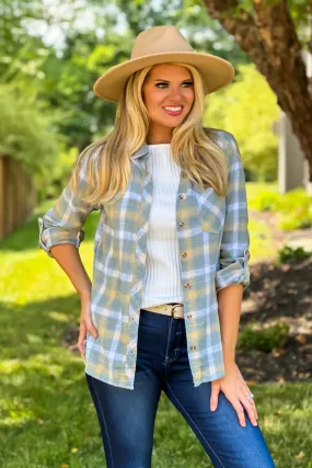 Saige Button Tab Sleeve Plaid Flannel Shirt : Light Blue/Yellow