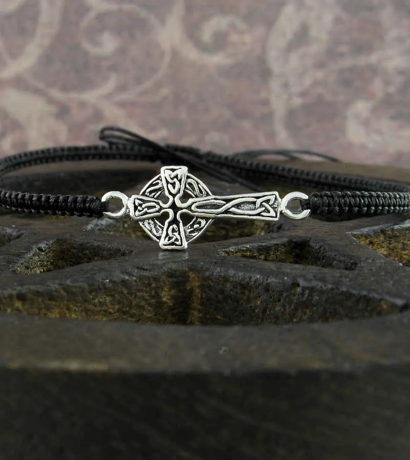 Small Sideways Celtic Cross Adjustable Slipknot Friendship Bracelet