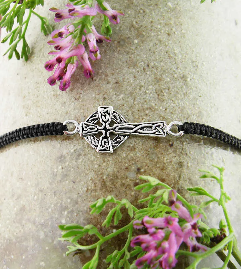 Small Sideways Celtic Cross Adjustable Slipknot Friendship Bracelet