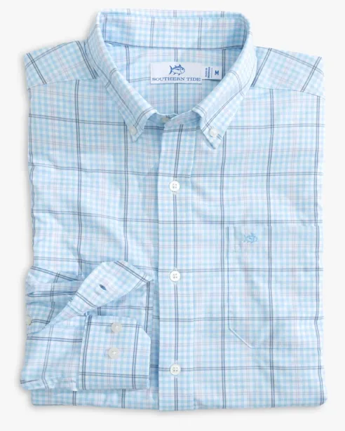 Southern Tide brrr° Intercoastal Rainer Check Long Sleeve Sport Shirt - Clearwater Blue