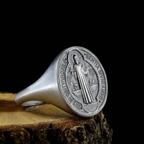 St. Benedict Men’s Christian Religious 925 Silver Ring