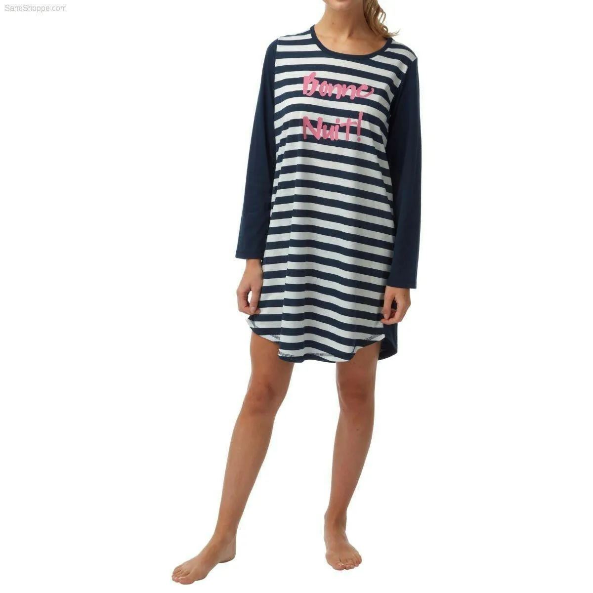 Women's Striped Jersey Nightshirt with Front Print Navy